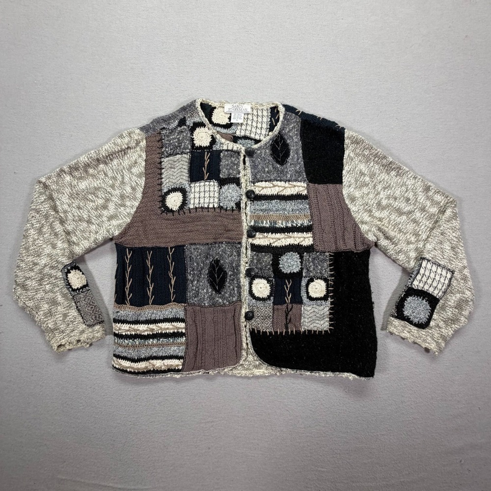Sandy Starkman Women‎ Cardigan Relaxed Grey Patchwork Embroidered Vintage Large